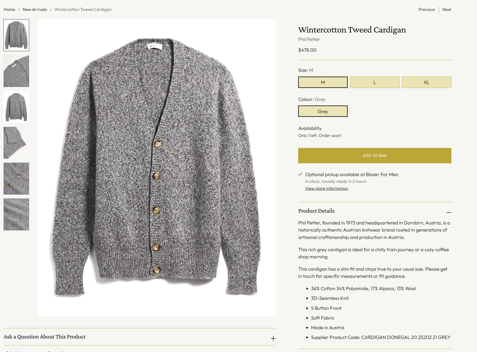 A screenshot of a Shopify product page for a grey Wintercotton Tweed Cardigan.
